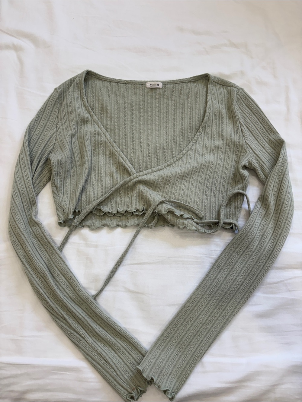Garage Sage Green Ribbed Wrap Crop Top with Tie